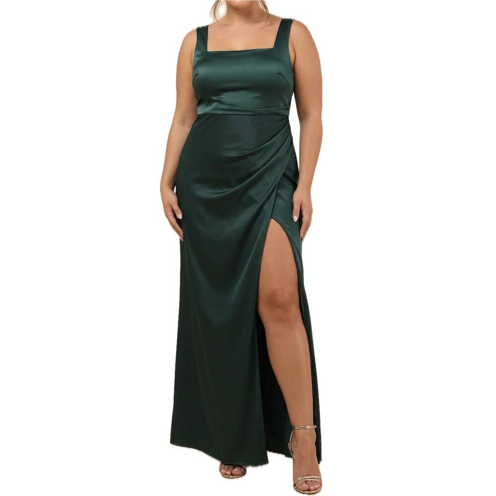 Lulus Emerald Green Satin Square Neck Maxi Dress Gown Plus Size 3X NEW Tags